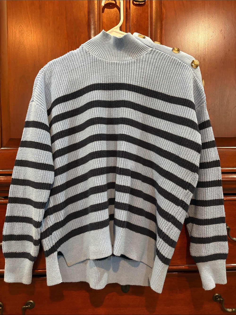 LOFT Light Blue and Black Striped Mock Neck Sweater with Shoulder Buttons